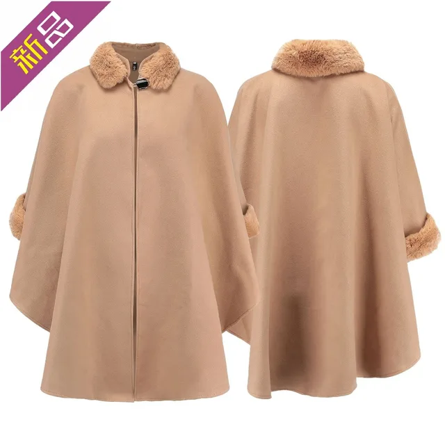 Best Product Autumn and winter women's new fur collar double-sided woolen coat temperament cloak shawl solid color woolen coat 