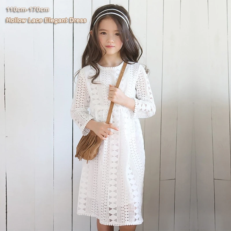 2017 Spring Summer Teenager Girls Dress Long Sleeve Crew Neck Hollow Lace Long Dress Kids Girls