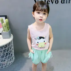 Комплект одежды из 2 предметов для девочек Летняя хлопковая футболка с короткими рукавами + шифоновые в горошек шорты милый костюм для