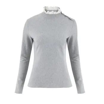 

Women Sexy Lace Button Long Sleeve Blouse Sweet Lace Round Neck Shirt Shoulder Button Casual Tops