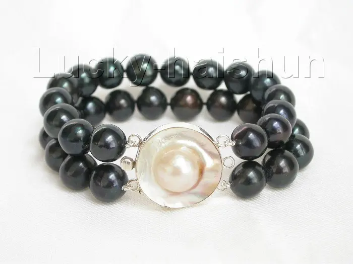 

Shipping >>>>> Genuine 8" 2row 12mm round black pearl bracelet Mabe 925s clasp j6746