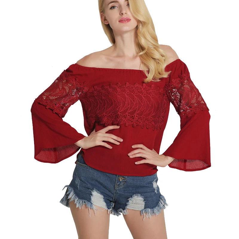 Top Fashion Off The Shoulder Red Shirt Blouse Women Long Flare Sleeves ...