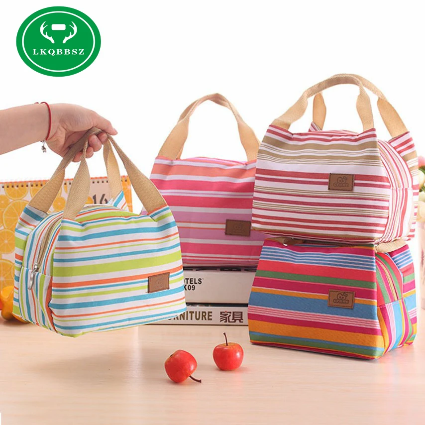 

Insulated Cold Canvas Stripe Picnic Tote Carry Case Hot Sale Girl Thermal Portable Lunch Bag Bolsa Thermal Bread Box