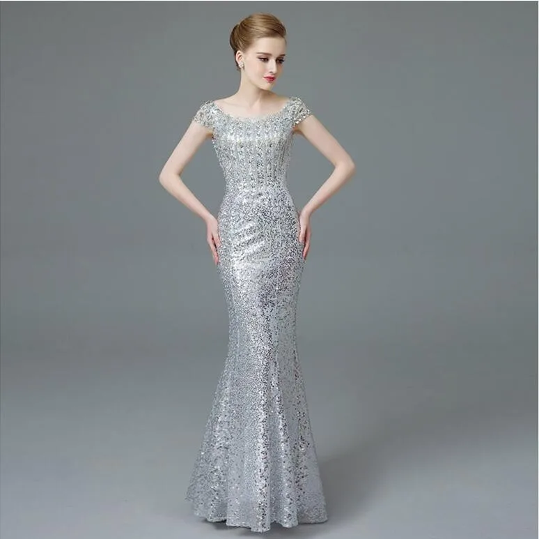 

Luxury Sliver Grey Mermaid Evening Dress Sexy Bling Sequins Crystal Long Party Prom Gown Dress Robe De Soiree High Quality