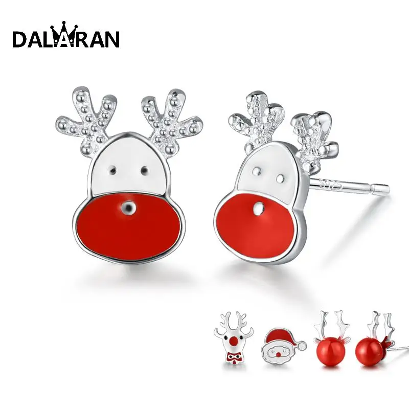 DALARAN Elk Santa Claus Stud Earrings 925 Sterling Silver Prevent Allergy For Women Girl Exquisite Jewelry Christmas Gift