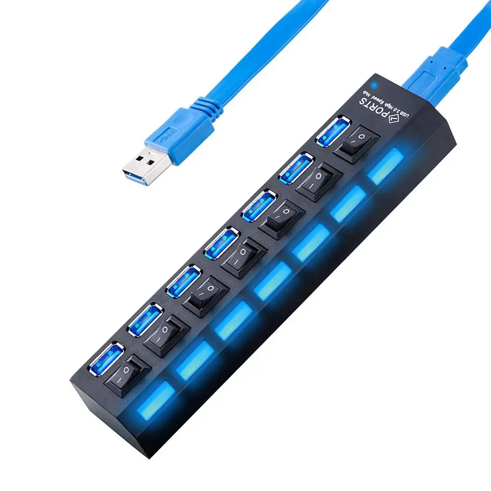 MMOBIEL Superspeed USB 3.0-7 Port Hub Power Adapter with Power switches and LED Compatible with PC Laptop Computer