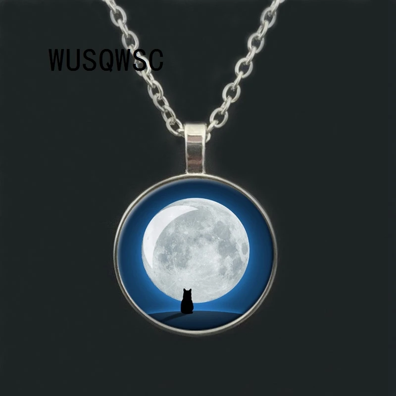 

WUSQWSC Unique Tradition Black Cat Necklace Glass Cabochon Picture Pendant Silver Bronze Chain Animal Statement Necklace Jewelry