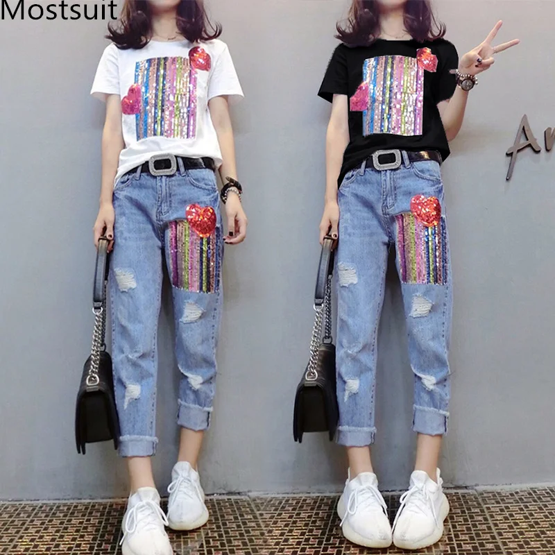 

Summer Two Piece Sets Women Plus Size Short Sleeve Sequins Tshirts And Denim Ripped Jeans Sets Suits Casual Women's Sets M-5xl