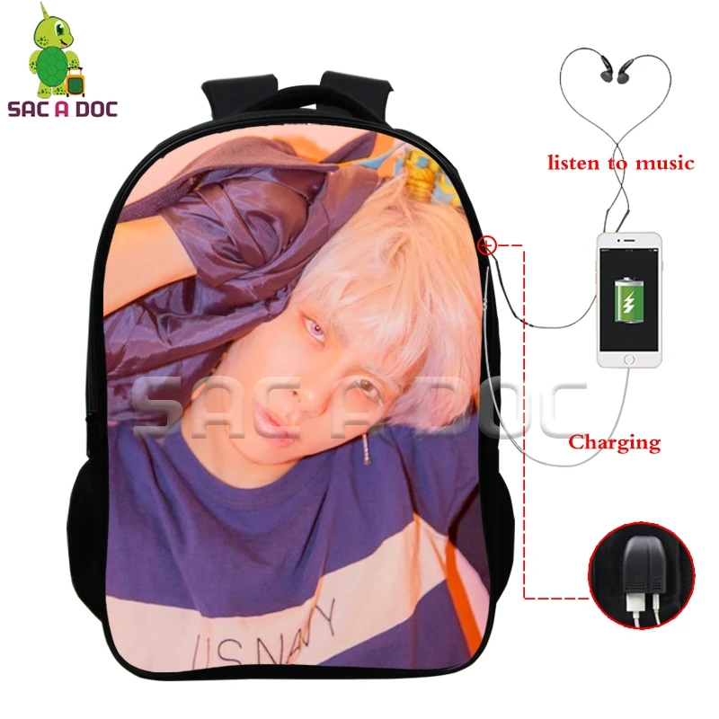 

SHINee Jonghyun Kpop Multifunction Backpack Boys Girls USB Charging Headphone Jack School Laptop Bags Fashion Travel Backpack