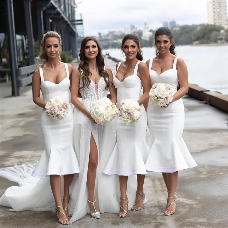 White Tea Length Mermaid Bridesmaid Dresses 2019 African Dress for