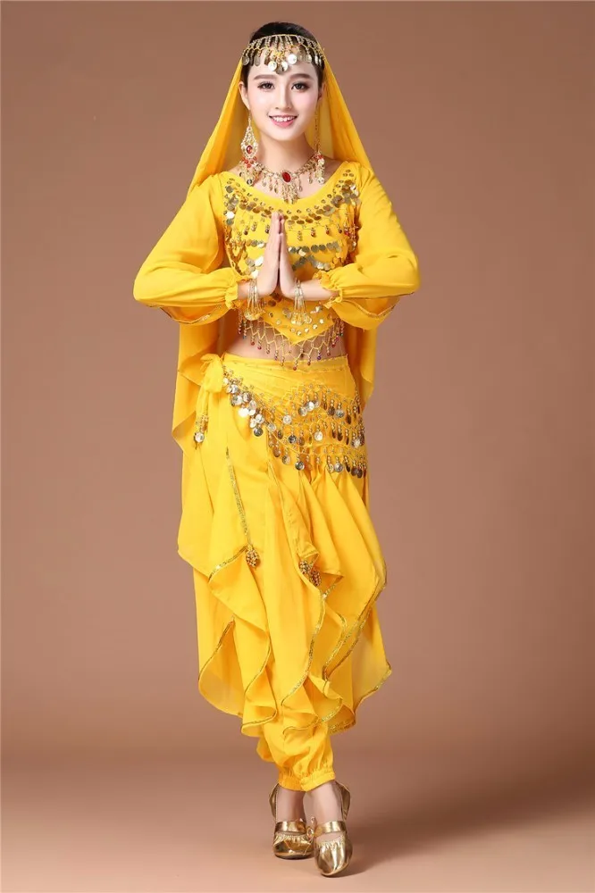 Yellow 4Pcs Профессиональный костюм комплект египетского танца живота платье одежда костюм для танца живота боливудские брюки для женщин платья костюмы для взрослых - Цвет: Yellow 4Pcs