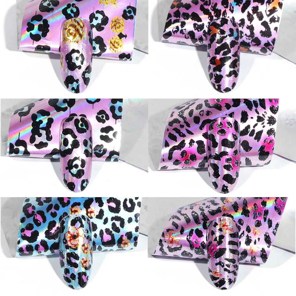 16 шт смешанных цветов, леопардовые наклейки для нейл-арта, переводные наклейки из фольги, набор голографических розовых и голубых наклеек для ногтей с леопардовым узором, слайдер LA936