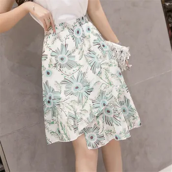

2019 Summer floral print short skirt female Sweet green cotton lace up short women skirt High waist boho beach skirt C097
