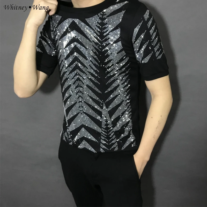 

WHITNEY WANG 2019 Summer Fashion Streetwear Leaves Rhinestone t shirt men T-shirt Stylish tshirt Tops Men's Tees