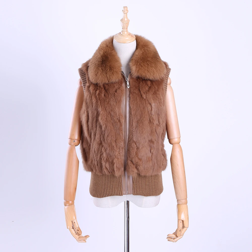

2019 Brand New Genuine Rabbit Fur Fox Fur Collar With Knitting Vest Vests Women's Autumn Winter Gilet Waistcoat Sleeveless Coat