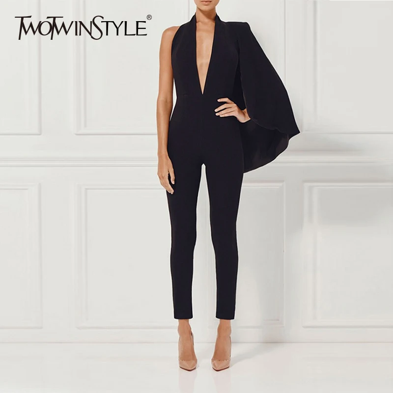 

TWOTWINSTYLE Patchwork Jumpsuits Ladies Sleeveless V Neck Backless Sexy High Waist Long Pencil Trousers 2019 Spring Fashion New