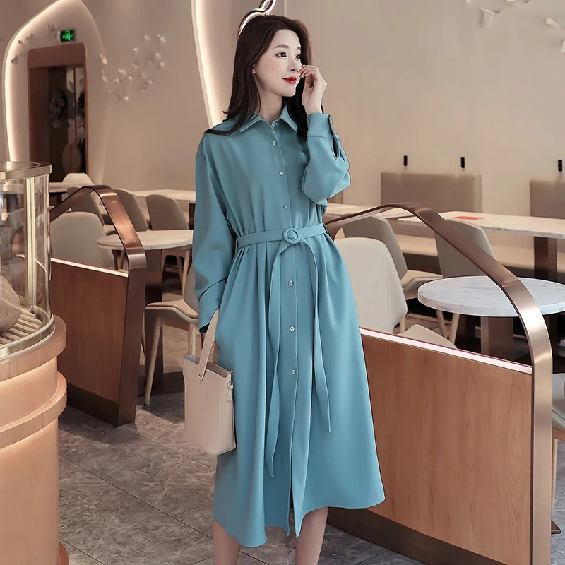 Elegant Long Shirt Dress Women Casual Turn down Collar Lace Up Bandage Long Sleeve Dress Office
