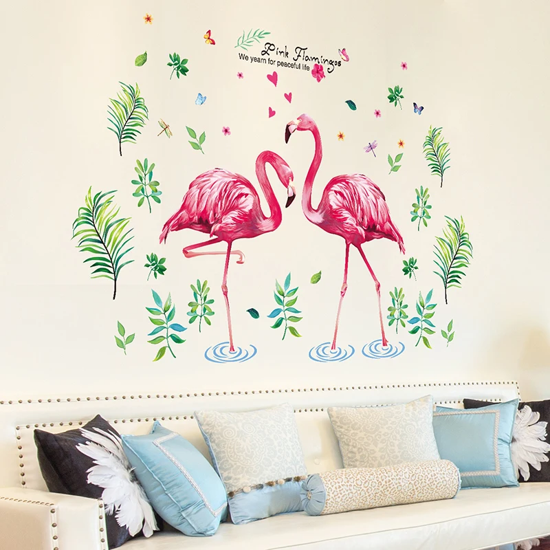 

[SHIJUEHEZI] Hot Sale Romantic Flamingo Wall Stickers DIY Plant Leaves Wall Decals for Kids Rooms Living Room Decoration