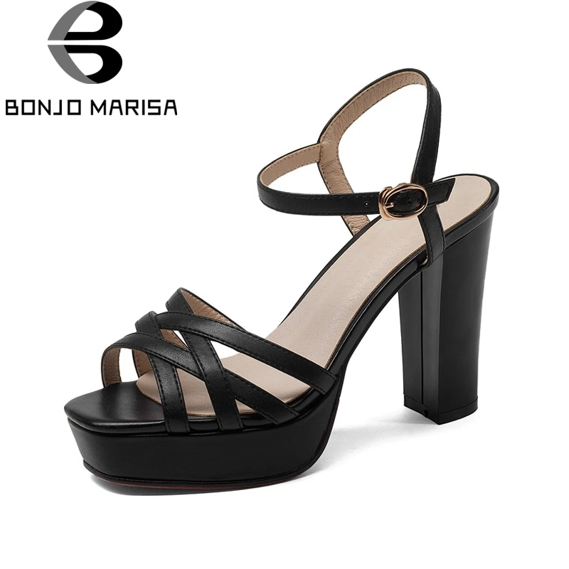 BONJOMARISA New women's Buckle Strap Genuine Leather Square High Heels Platform Shoes Woman Casual Summer Sandals Big Size 33-40 BONJOMARISA New women's Buckle Strap Genuine Leather Square High Heels Platform Shoes Woman Casual Summer Sandals Big Size 33-40