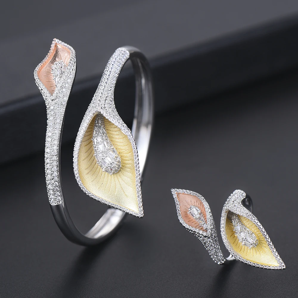 

GODKI Luxury Lily Flower 3Tone Nigeria Bangle Ring Jewelry Sets For Women Wedding Zircon Crystal CZ Indian Bridal Jewelry Sets