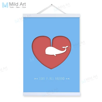 

Modern Abstract Blue Whale Red Heart Love Quotes Wooden Framed Poster Wall Art Picture Wedding Decoration Canvas Painting Scroll