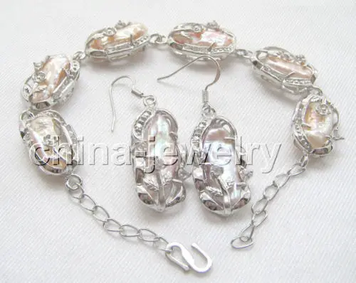 

FREE shipping>>>>>> Natural 8" 15-17mm pink biwa freshwater pearl bracelet and earring