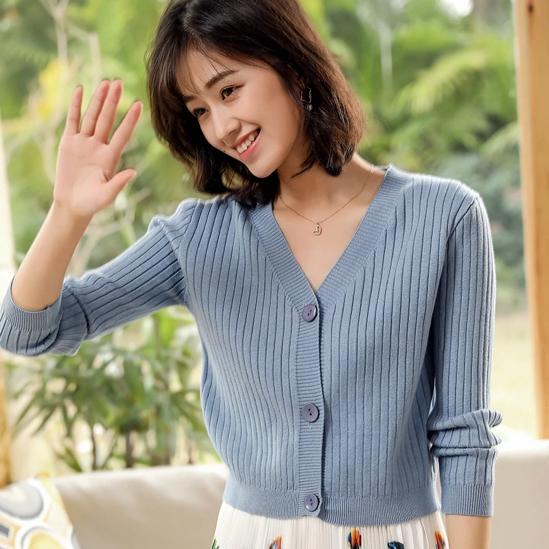 

Short Style Women Cardigan Sweater Spring Autumn Button Down Soft Cute Knitted Jacket Black Long Sleeve Coat Outwear Tops M-XXL