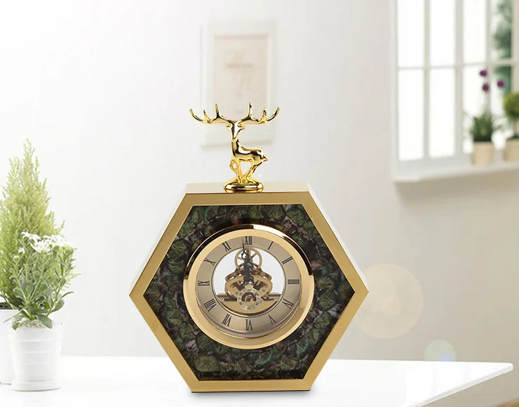 Современный Изысканный домашний стол часы с оленем высокого класса шестиугольник немой маятник спальня настольные часы декорирование бутика LF83