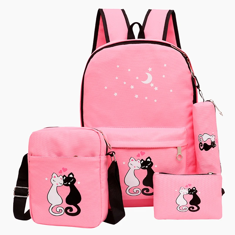 Women Backpack Schoolbag 4 pcs set lovely Cute Cartoon Cat Print School Bag Backpacks for Teenage Girls Daypack Rucksack Moclila