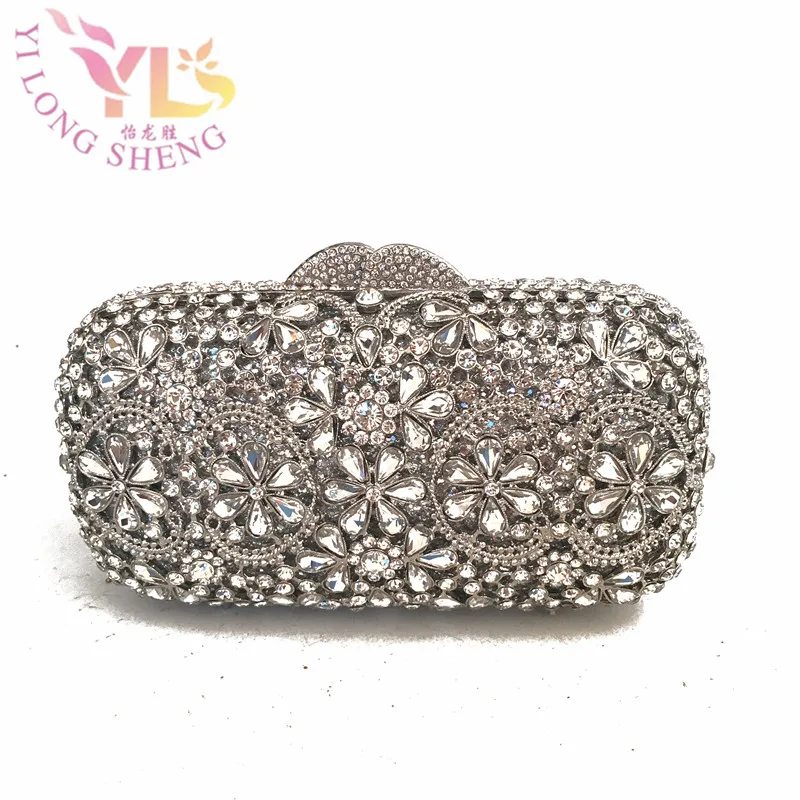 

Luxury crystal clutch evening bag SILVER flower party purse women wedding bridal handbag pouch soiree pochette bag YLS-F98