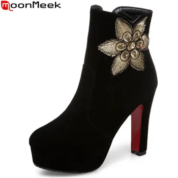 

MoonMeek 2020 fashion autumn winter boots women round toe flock ankle boots zip flock high heels platform ladies boots big size