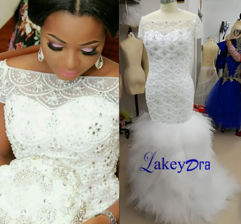 

Lakeydra White Mermaid Weding Dresses Tulle with Major Beading Zipper Back Trumpet Bridal Gowns