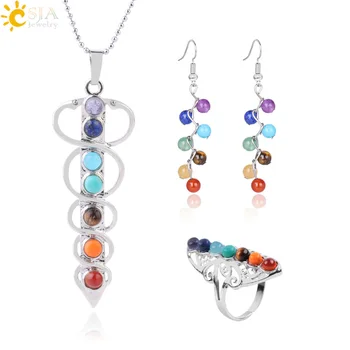 

CSJA 7 Chakra Jewelry Set for Femme Natural Round Stone Yoga Beads Reiki Healing Necklace Ring Earrings Religious Jewellery F660
