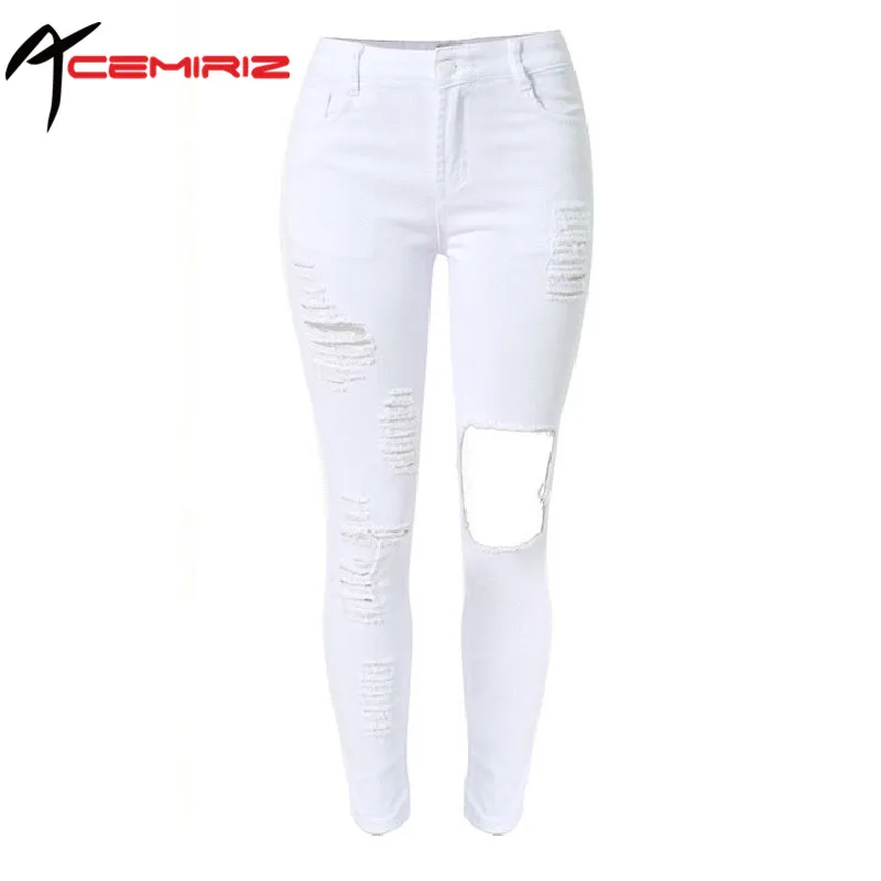 

ACEMIRIZ White Jeans Skinny High Waist Elastic Pencil Pants Female Solid Color Hole Ripped Denim Trousers Cotton TOP007-W#