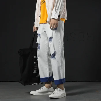 

Summer New Jeans Men Fashion Hit Color Hole Patch Casual Denim Pants Man Streetwear Trend Wild Hip Hop Loose Male Clothes