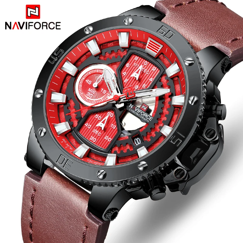 NAVIFORCE часы мужские модные спортивные часы Топ люксовый бренд кожа Водонепроницаемый Кварцевые наручные часы хронограф Дата мужские часы