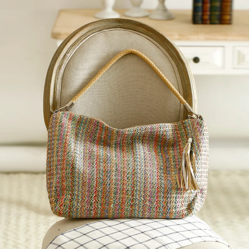 

2018 Bohemian Straw Bags for Women Beach Bag Large Capacity Female Summer Rattan Bag Handmade Striped Ladies Travel Bags W593