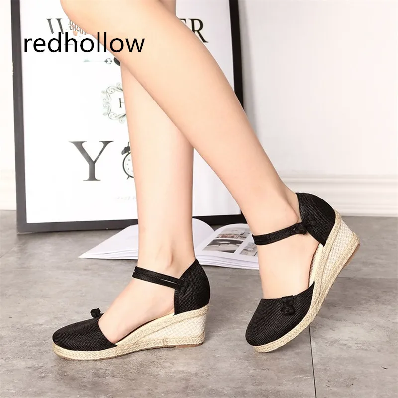 

Vintage Women Sandals Casual Linen Canvas Wedge Sandals Summer Ankle Strap Med Heel Platform Pump Espadrilles Shoes For Women