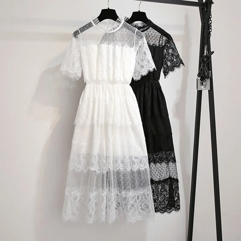 

New Arrival Women Sweet Short Sleeve Lace Embroidery Midi Dress Summer 2019 Ladies Elegant Casual Elastic Waist Cake Dresses