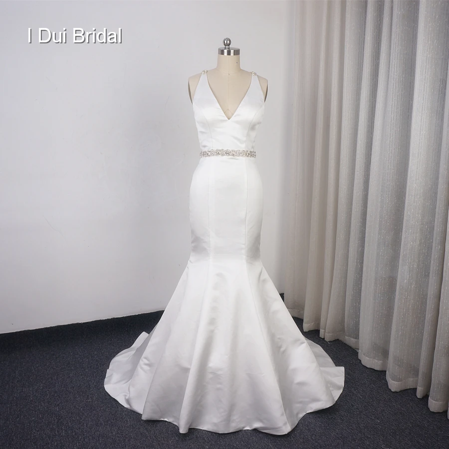 Mermaid Satin Wedding Dress Low Back With Rhinestone Crystal