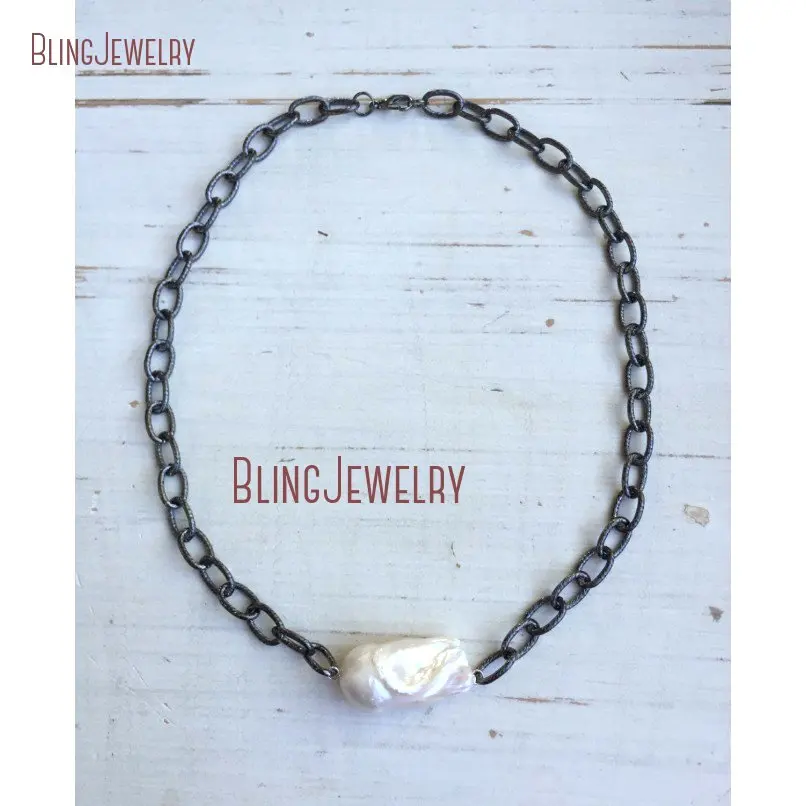 20181011-NM18366-white freshwater baroque pearl short necklace on oxidized silver plated chain_3