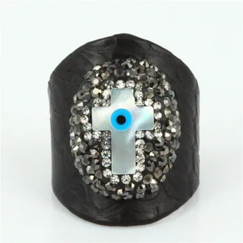 

real black snake leather cuff finger ring charm shell cross with paved rhinestone statement ring for women/men gift