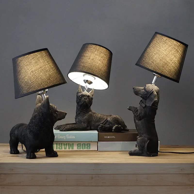 Billige Kunst Dekor Harz Tisch Lampe Für Schlafzimmer wohnzimmer Kinder zimmer kinder nacht lampe Hunde Anmails Tisch lampe Schwarz mit lampenschirme