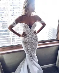 Сексуальное с открытыми плечами кружевное свадебное платье русалки 2019 Vestido De Noiva с v-образным вырезом с коротким рукавом свадебное платье es