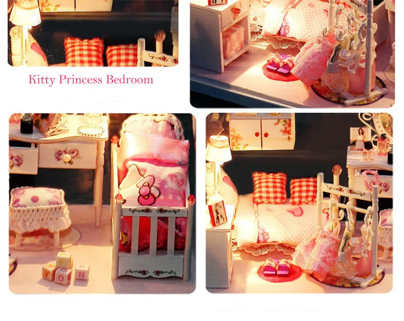Mini DIY Doll House Wooden Furniture Kit My Dream House Toys Miniature Dollhouse Kitty Princess House Building Block Toys  (2)