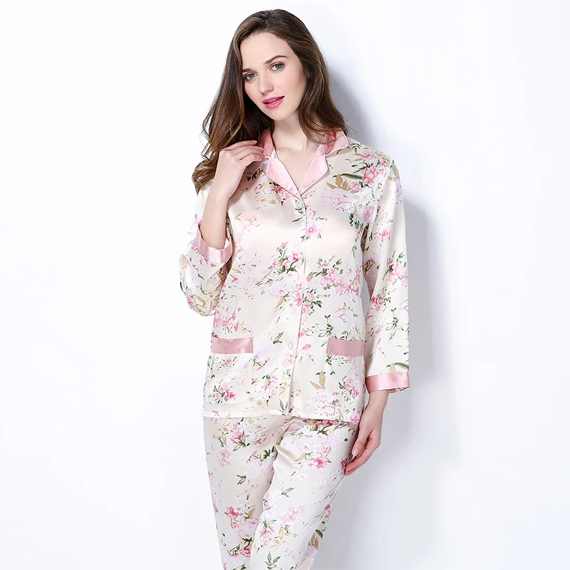 

New Arrival Fashion Female 100% Mulberry Silk Pajamas Set Women Silk Sleepwear Spring Long Sleeve 2 Piece Sets Silk Pajama Sets