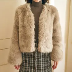 Пальто из искусственного меха с длинным рукавом утепленные зимние куртки пальто Для женщин мода уличная лисий мех кардиган короткая