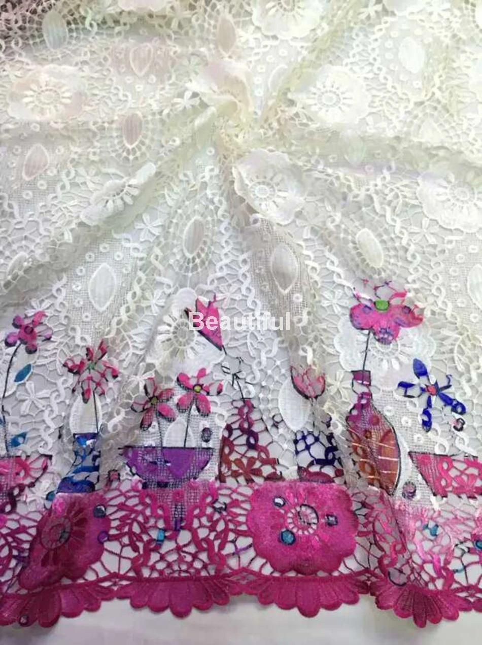

High quality fashion 100% polyester burnout floral printing French net guipure african cord lace faric for wedding/party dress