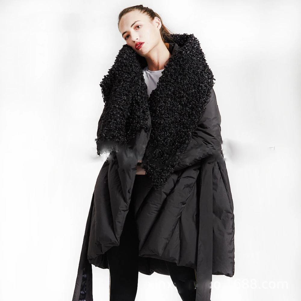 

High Quality 2018 Winter Collection Women Hooded Long cloak Down Coat Female Winter Warm Asymmetric Length Thick Down Jacket