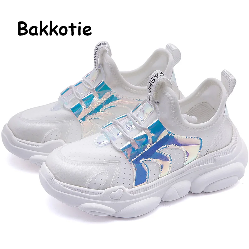 Bakkotie для мальчиков на осень, новые мягкие кроссовки детская модная одежда для девочек розовый Повседневное обувь детская дышащая сетка; спортивная обувь для бега; - Цвет: Белый